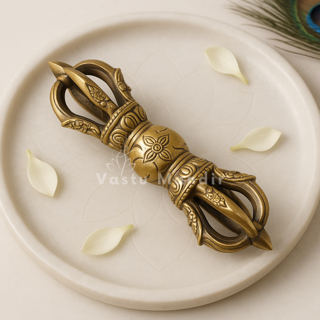 Large pure brass Vajra Dorje displayed on a white sacred plate with floral accents