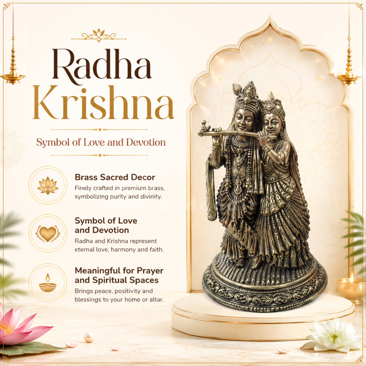Brass Radha Krishna idol styled sacred portrait of Radha Krishna on a white pedestal