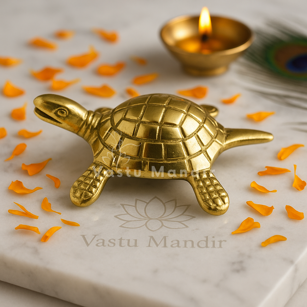 Brass tortoise idol with yantra grid alternate angle on a white sacred plate