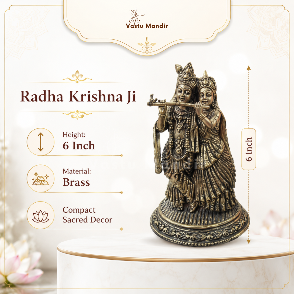 Brass Radha Krishna idol dimension infographic showing 6-inch height and base width