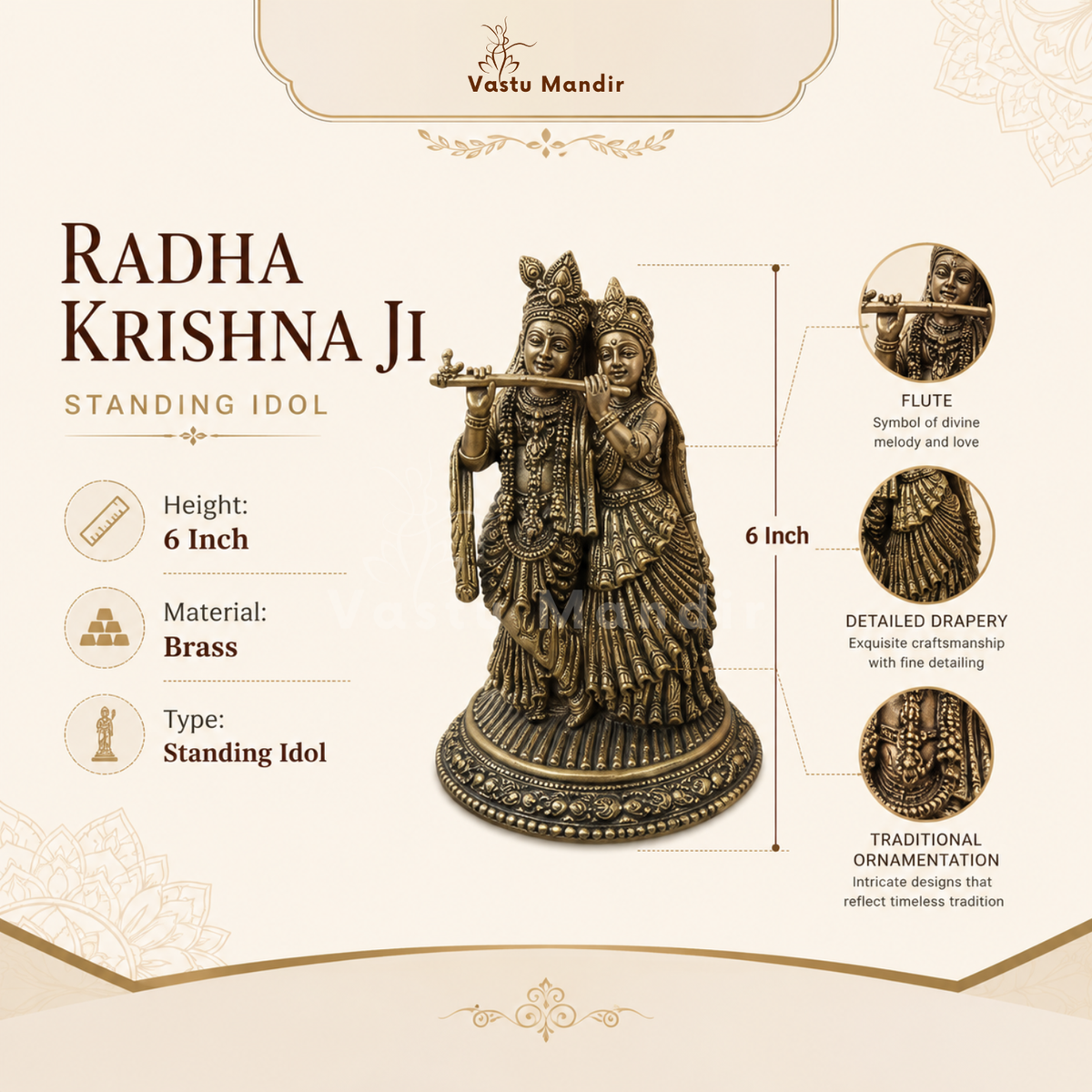 Brass Radha Krishna idol product specification infographic for the standing Radha Krishna idol