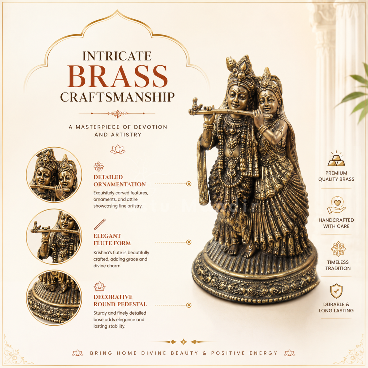 Brass Radha Krishna idol craftsmanship infographic highlighting brass details and ornate base