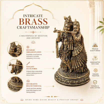 Brass Radha Krishna idol craftsmanship infographic highlighting brass details and ornate base
