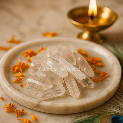 Clear quartz hexagonal chips arranged in a styled spiritual setting