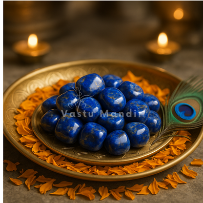 Lapis lazuli stones displayed in an ornate dark bowl in a softly lit traditional setting