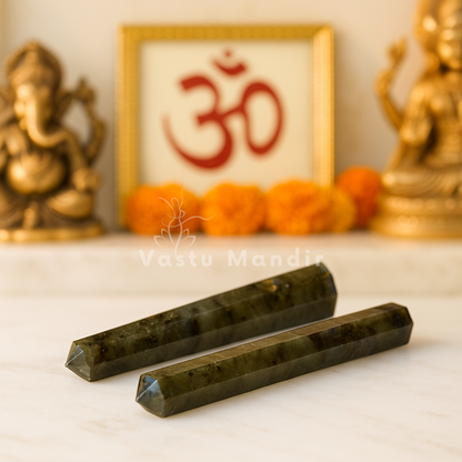 Labradorite crystal pencil arranged in a styled spiritual setting