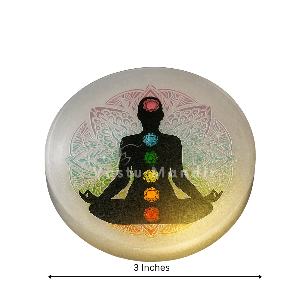 Aura color selenite plate showing its form against a plain white background