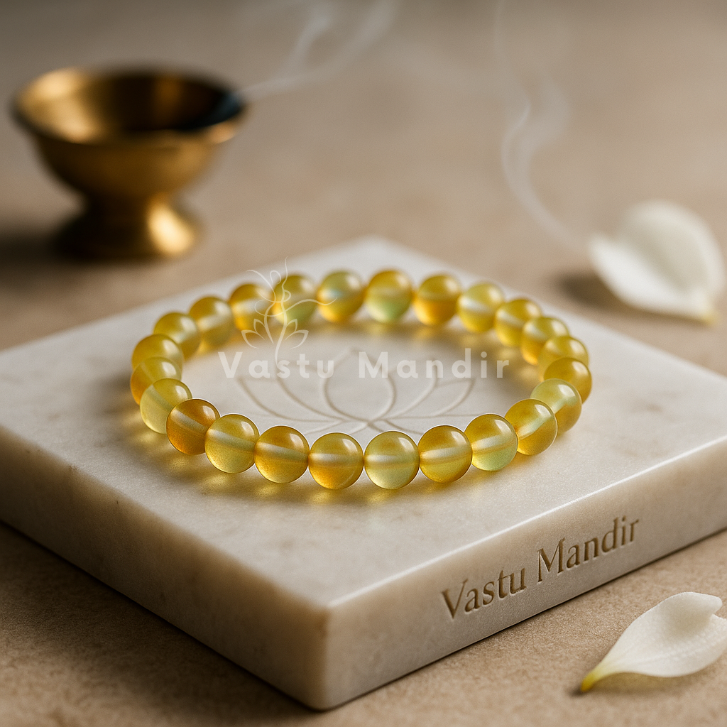 Natural yellow aura quartz crystal bracelet shown in a second hand-held product view