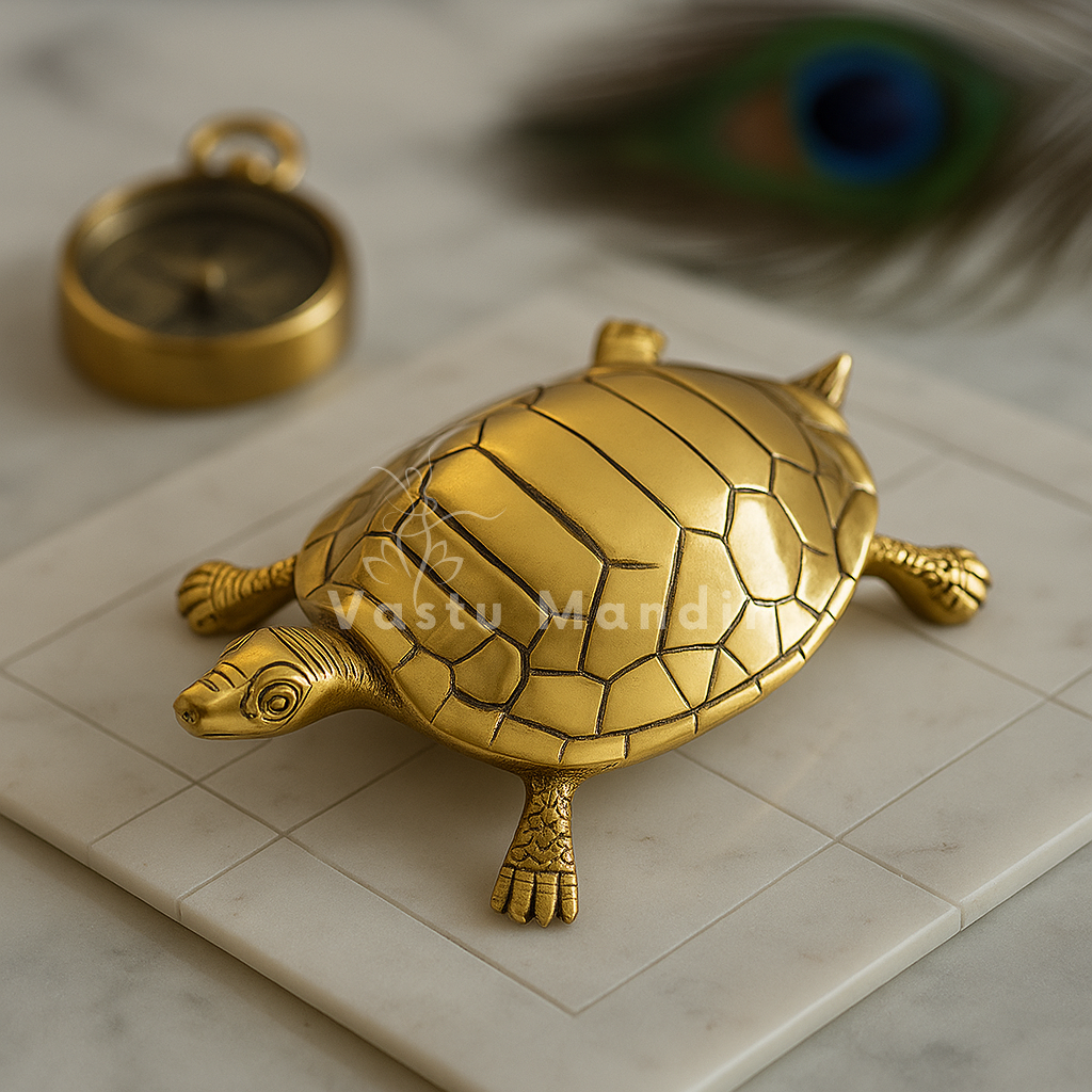 Large pure brass tortoise idol alternate top angle on a tiled white platform