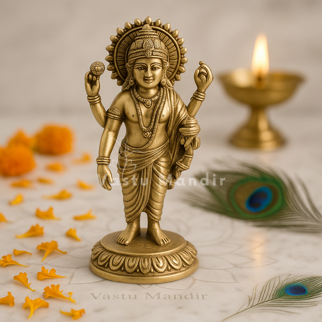Pure brass Dhanvantri Ji idol alternate front angle with peacock feather and diya