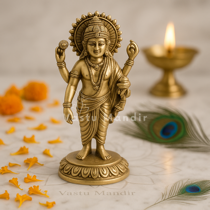 Pure brass Dhanvantri Ji idol alternate front angle with peacock feather and diya