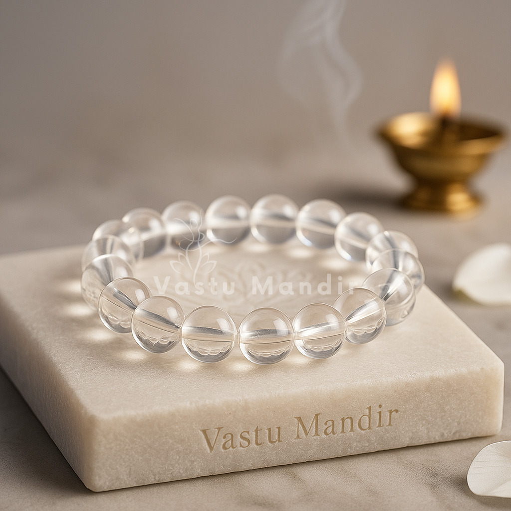 Hydro clear quartz bracelet shown in a second hand-held product view