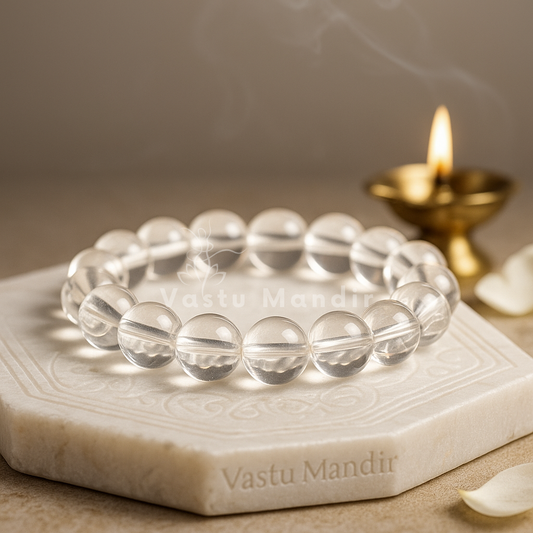 Natural clear quartz crystal bracelet– Vastu remedy shown with a hand in a lifestyle photograph
