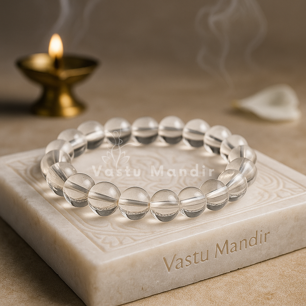 Natural clear quartz crystal bracelet– Vastu remedy shown in a second hand-held product view