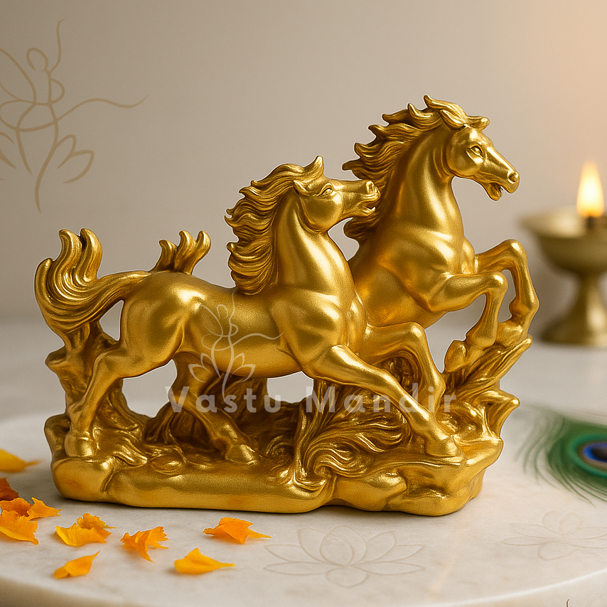 Pair of golden running horses resin sculpture displayed with sacred accents