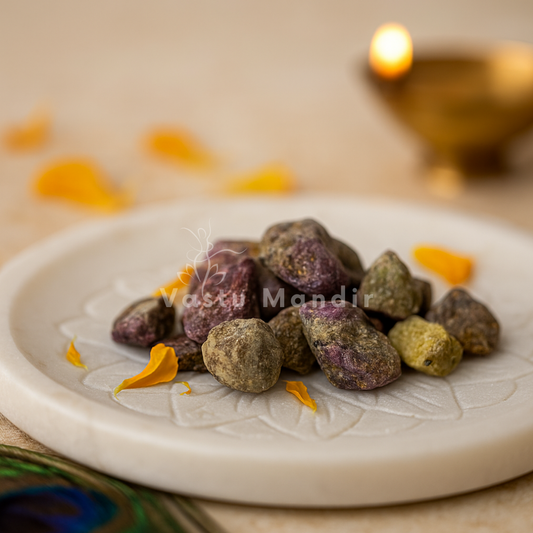 Large rough green and purple gemstone pieces displayed on a decorated white plate