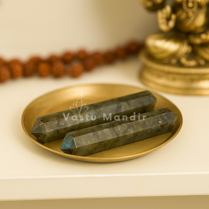 Labradorite crystal pencil displayed in a softly lit product setting