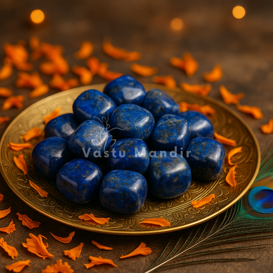 Lapis lazuli tumbled stones arranged in a dark decorative bowl with warm brass lighting