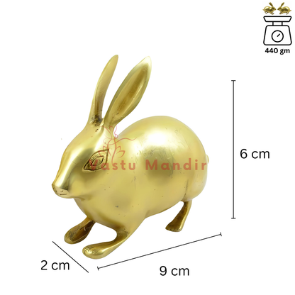 Pair of Golden Rabbit, 100% Pure Brass Statue Idol with measurements on a white background