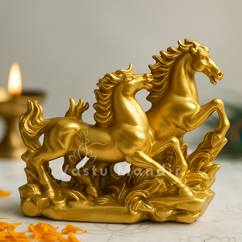 Golden running horses pair styled in an elegant home interior