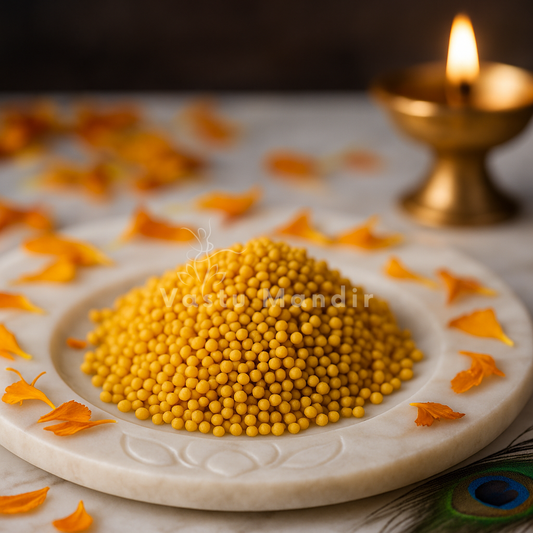 Quality yellow sarso Vastu remedy seeds displayed in a dark, softly lit spiritual setting