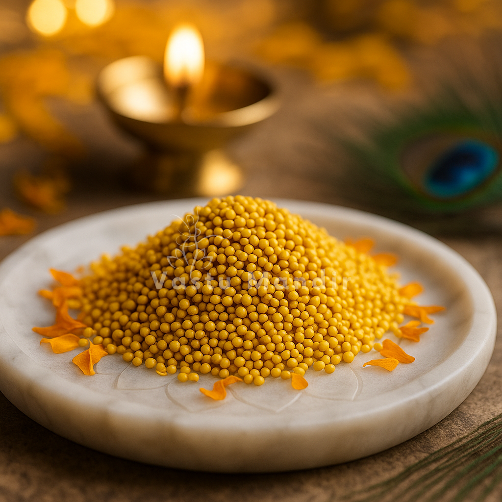 Quality yellow sarso Vastu remedy seeds arranged in a warm low-light product setting