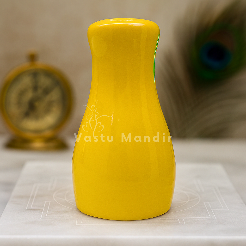 Small yellow decorative resin vase styled in a premium home interior