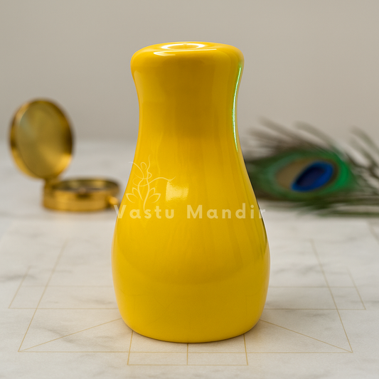 Small bright yellow resin vase sculpture displayed with sacred decorative accents