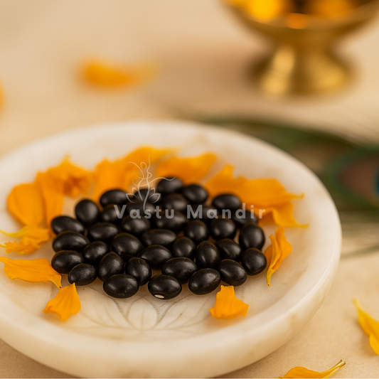 Black gumchi seeds piled on a white plate with marigold petals and a softly lit diya