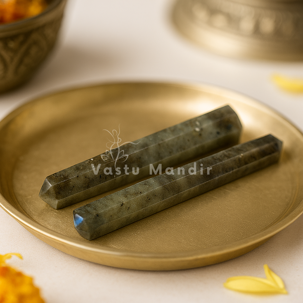 Labradorite crystal pencil shown in a close styled product view