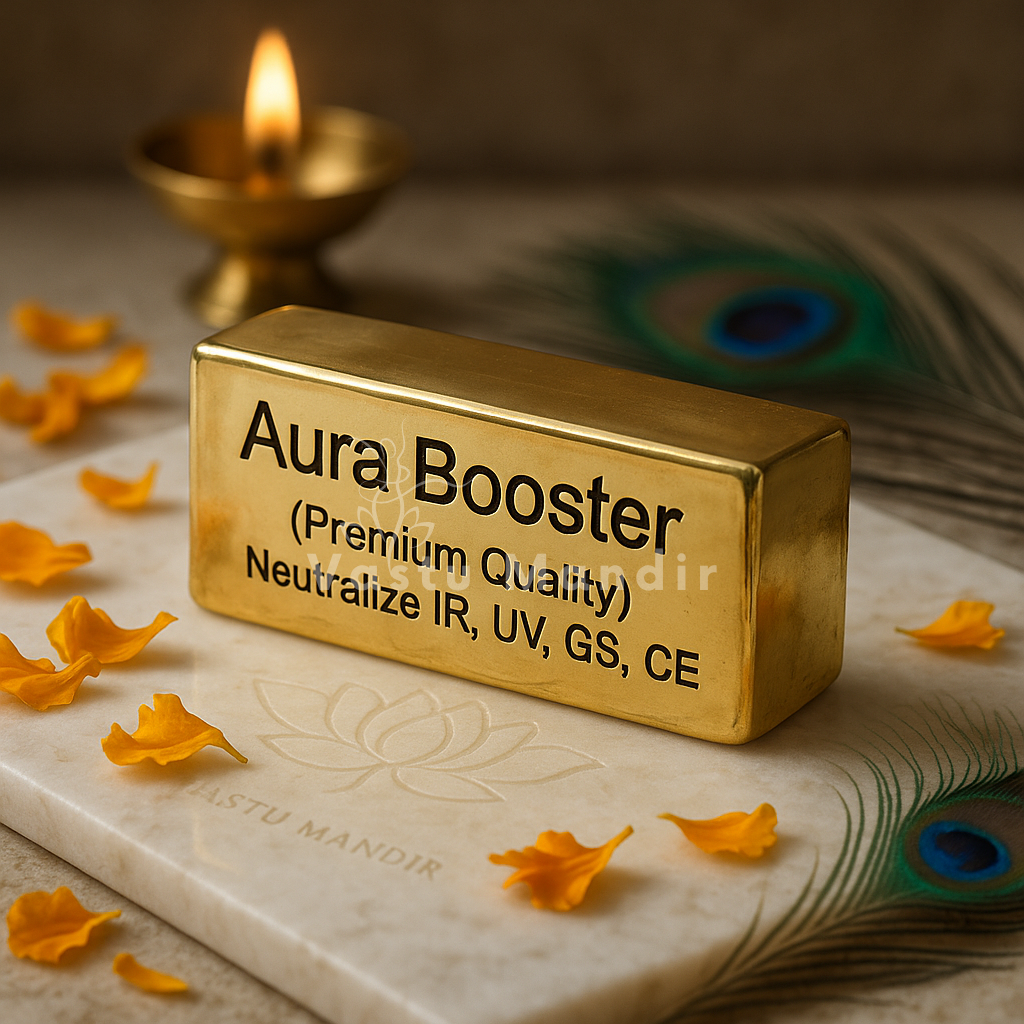 Brass aura booster displayed in a dark, softly lit spiritual setting