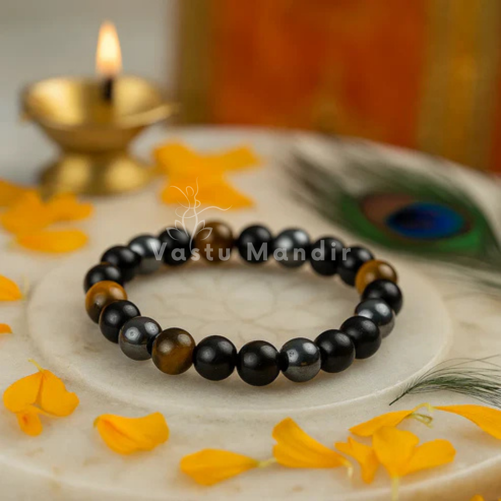 Three-stone crystal bracelet shown with a hand in a lifestyle photograph