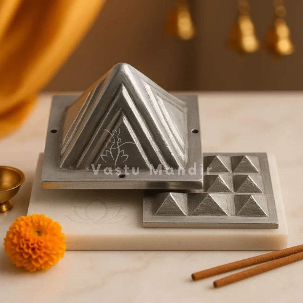 Two-layer lead Vastu pyramid displayed front-facing with its lower plate, marigold flower and incense sticks