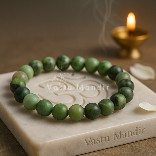 Natural chrysoprase crystal bracelet shown with a hand in a lifestyle photograph