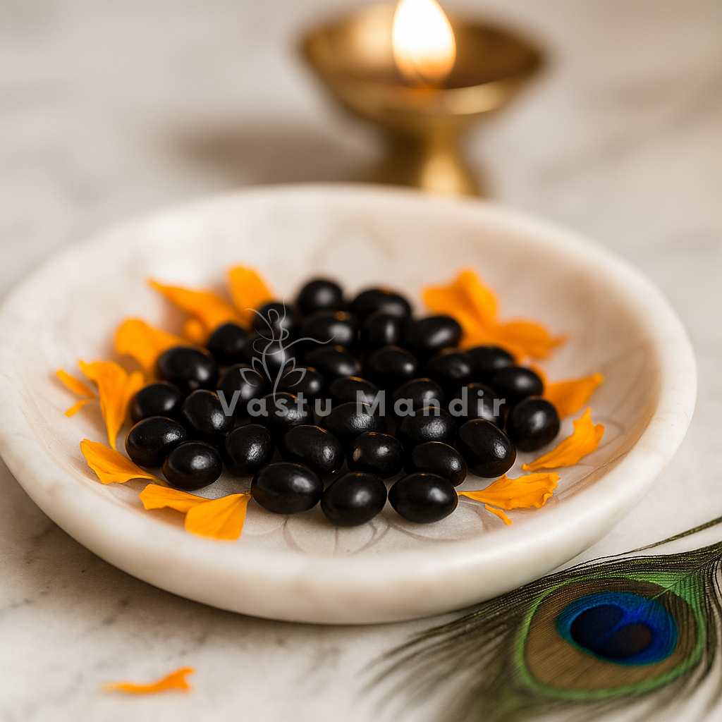 Angled view of glossy black gumchi seeds on a decorated white plate
