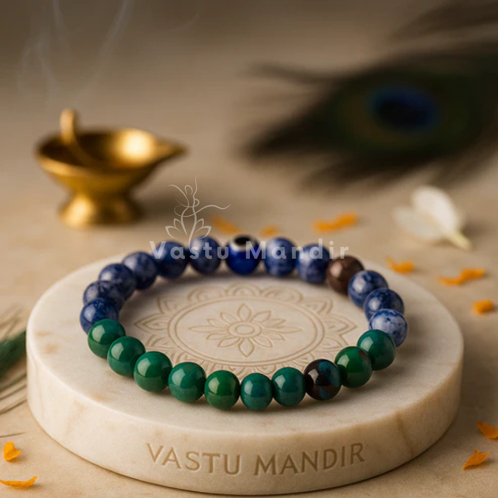 Sagittarius Zodiac Bracelet — 8mm Beads on a stone platter with 'Vastu Mandir' branding, surrounded by decorative elements.