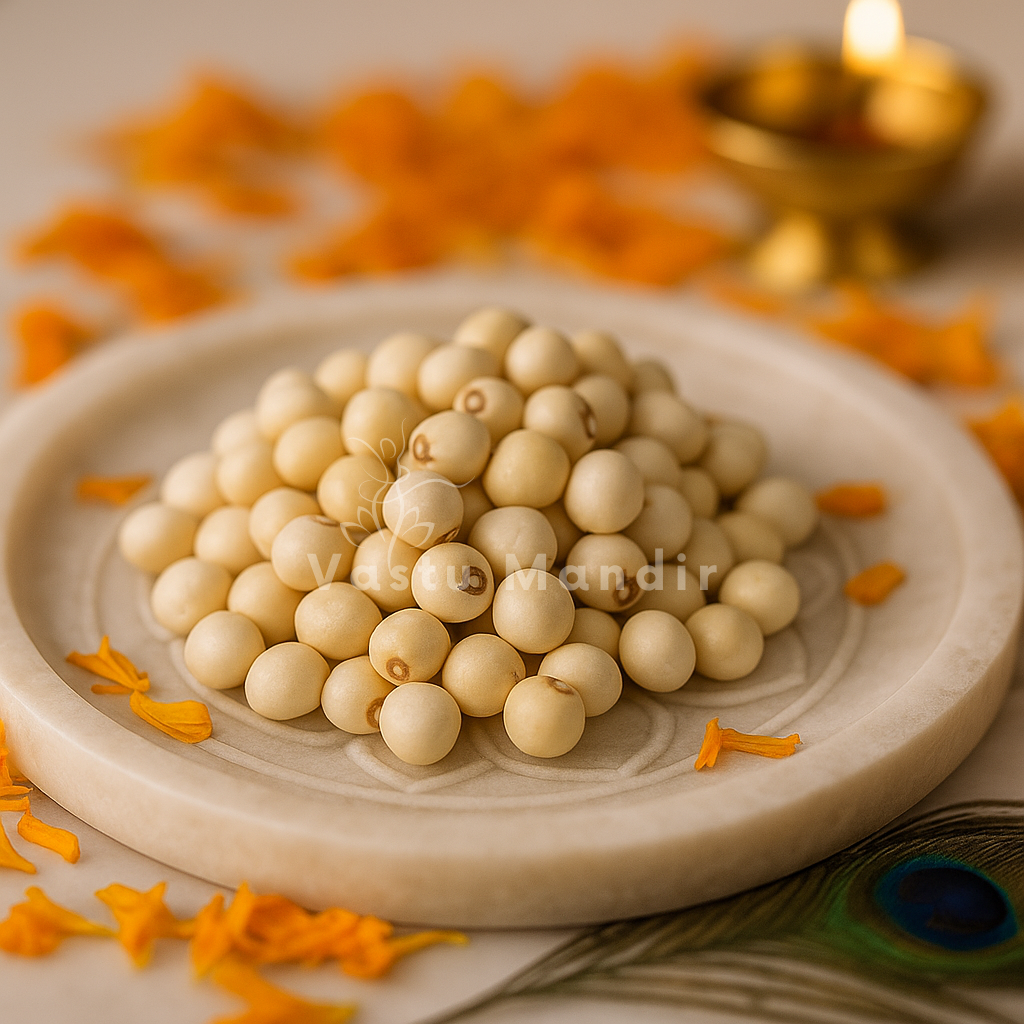 Angled view of cream white gumchi seeds on a decorated plate with brass decor