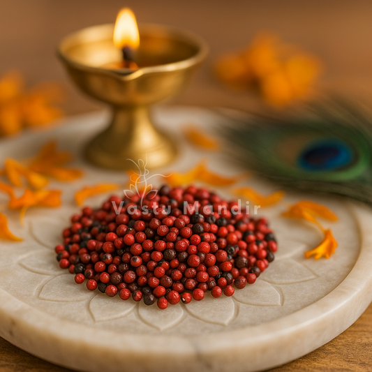 Red gumchi seeds piled on a white plate with marigold petals and a softly lit diya