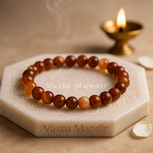 Natural carnelian crystal bracelet shown with a hand in a lifestyle photograph