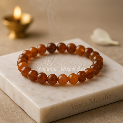 Natural carnelian crystal bracelet shown in a second hand-held product view