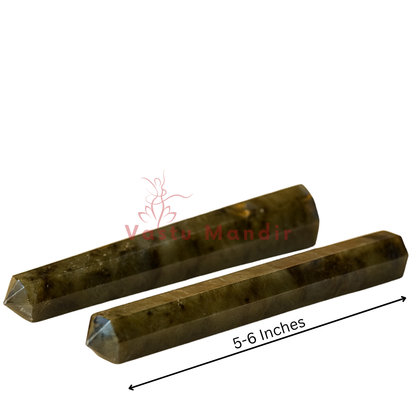 Labradorite crystal pencil centred in a white-background product photograph