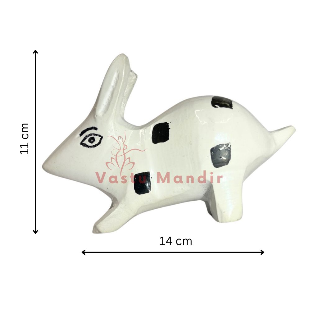 White enamel rabbit pair dimension diagram showing the larger 14 cm rabbit