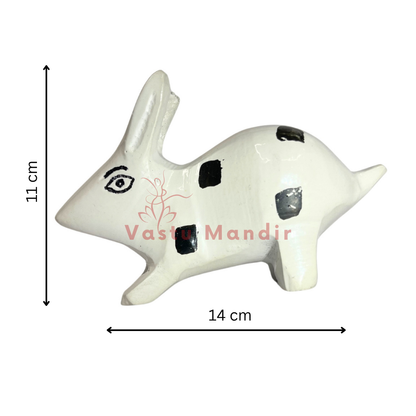 White enamel rabbit pair dimension diagram showing the larger 14 cm rabbit