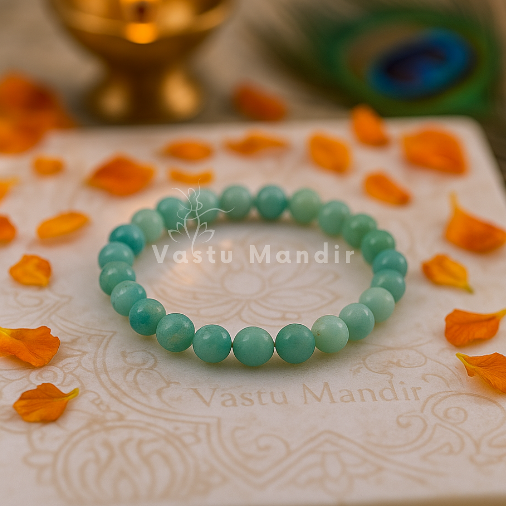 Vastu Amazonite Bracelet 8mm Beads on a decorative surface with 'Vastu Mandir' branding.
