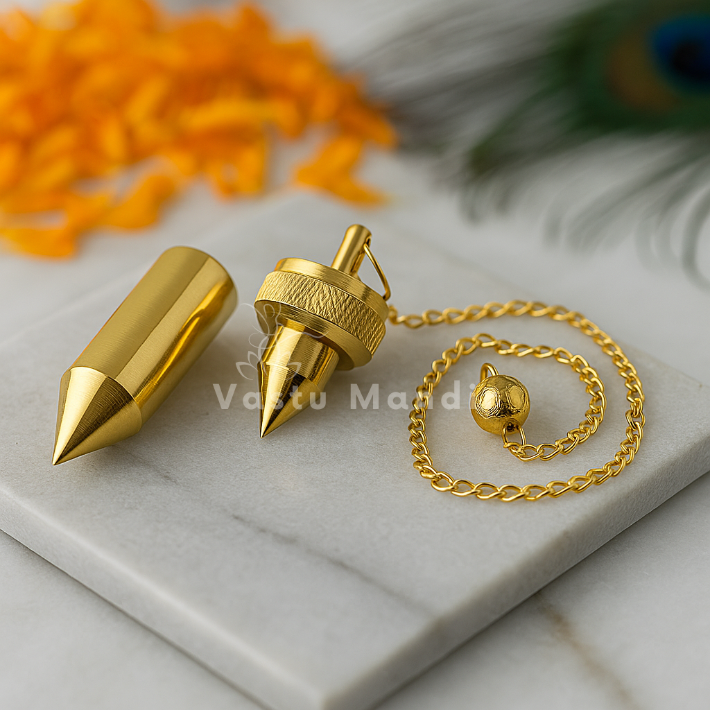 Close-up of brass cone pendulum body and verification chain in a sacred setting