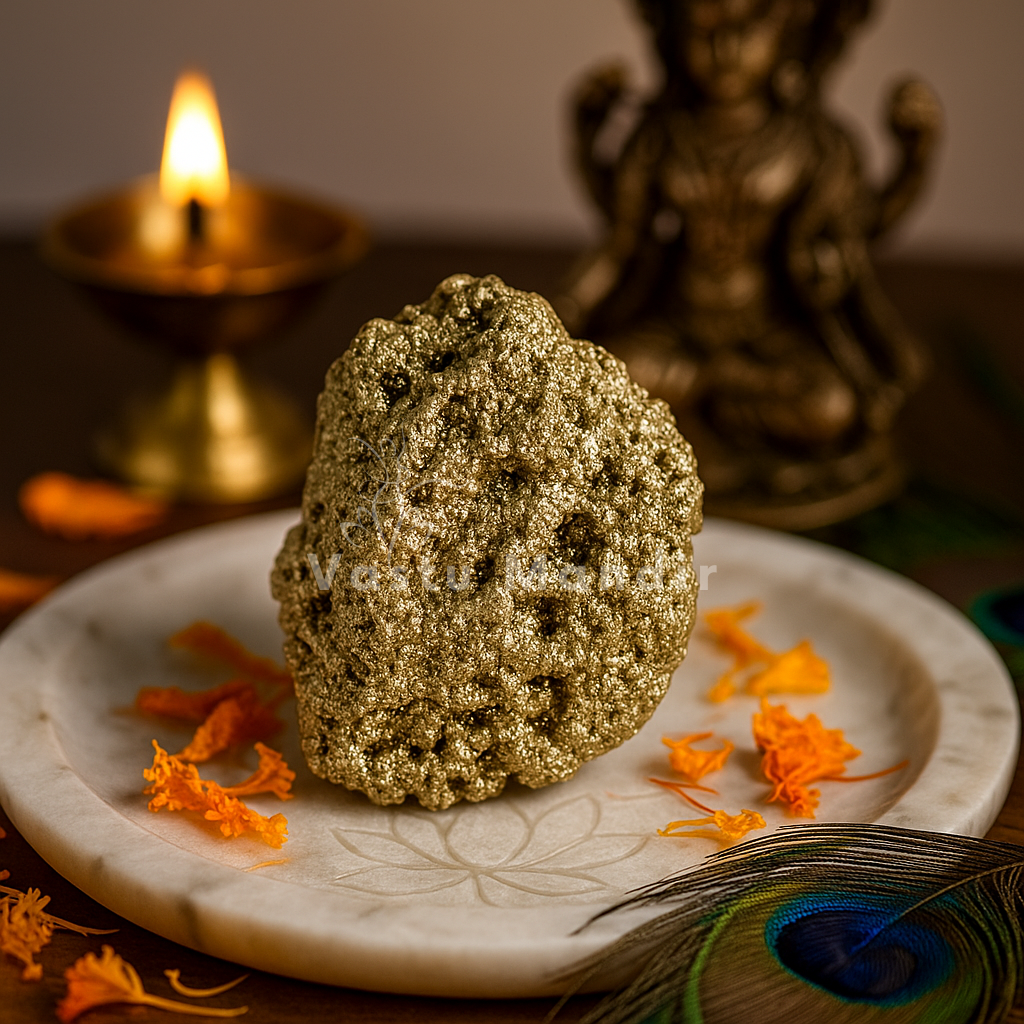 Angled view of a rough metallic pyrite cluster in a traditional decorative setting