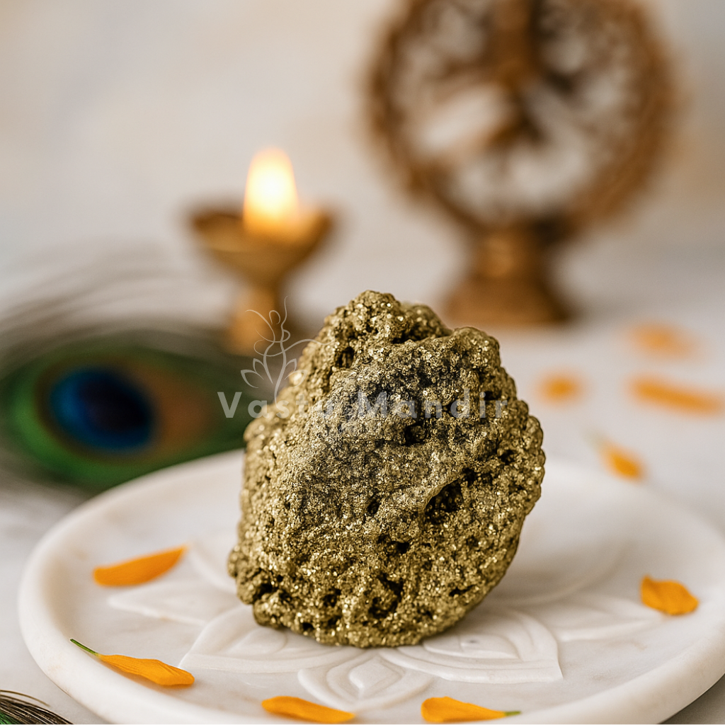 Rough metallic pyrite cluster displayed on a white plate with marigold petals and a diya
