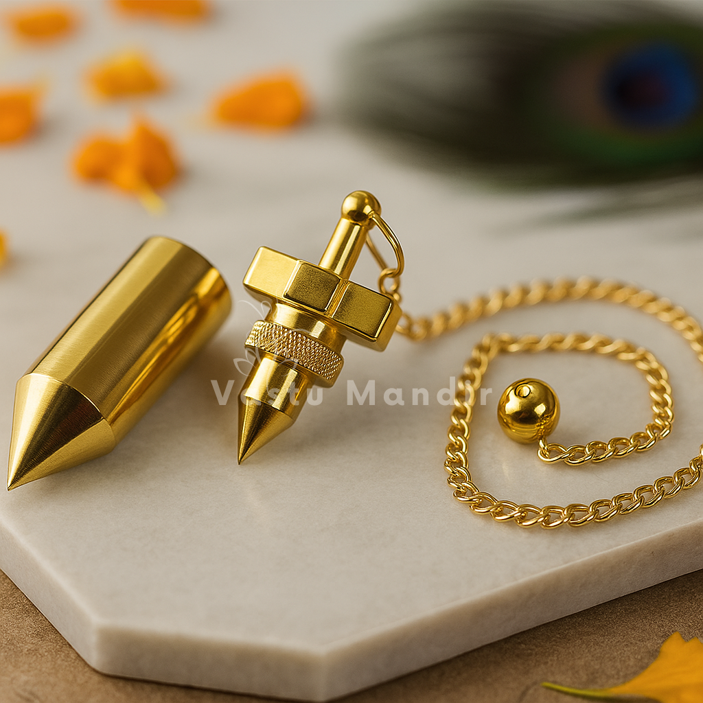 Brass cone pendulum shown upright with its chain on a marble surface