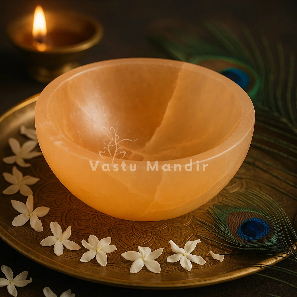 Orange round selenite charging bowl arranged in a warm low-light product setting