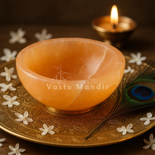 Orange round selenite charging bowl displayed in a dark, softly lit spiritual setting
